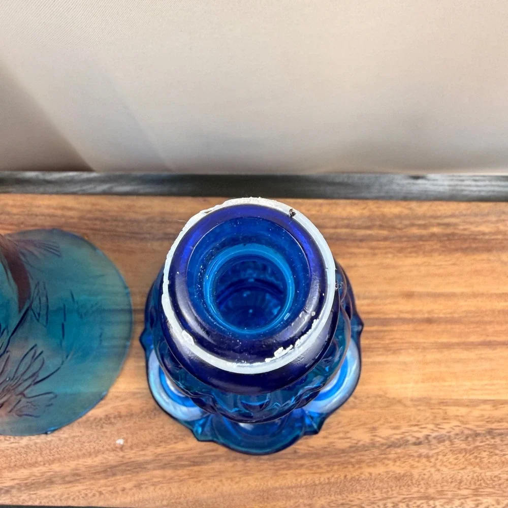 Vintage Blue Glass Hurricane Candle Holder Floral Embossed 2 Piece 18.5 Inch